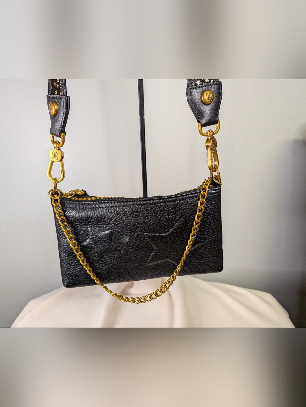 HOBO Starr Convertible Leather Crossbody Bag Black Star Applique Gold Chain Stra
